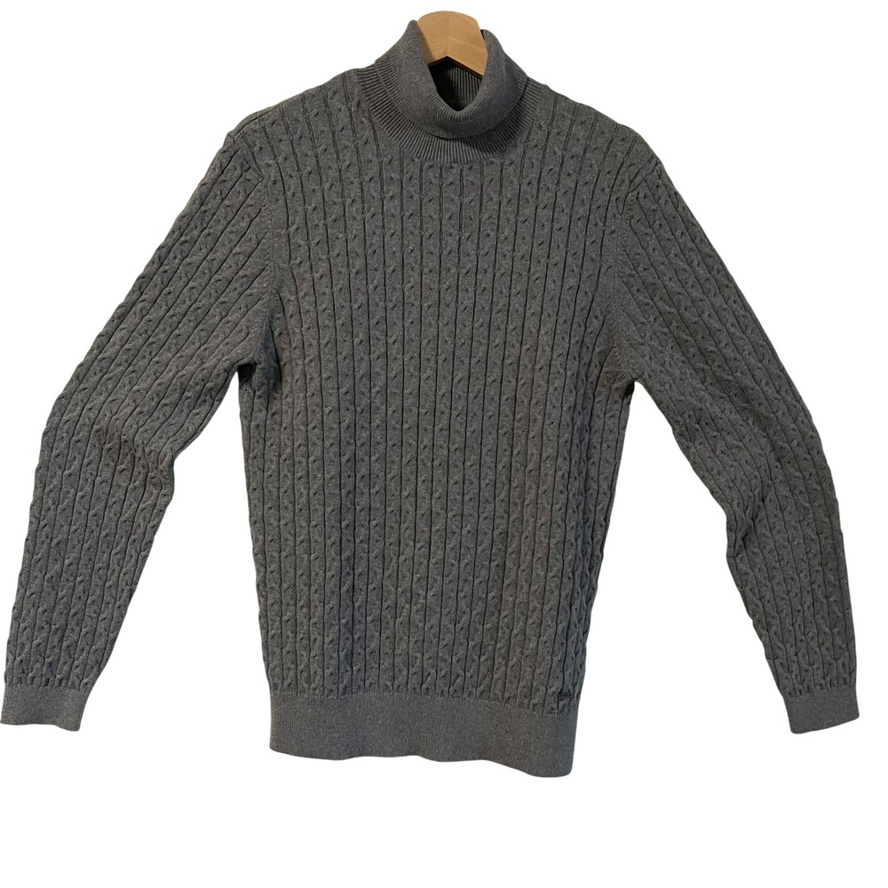 Ragman Mens Grey Cable Knit Turtleneck Sweater Cotton Cashmere Blend M-NWT